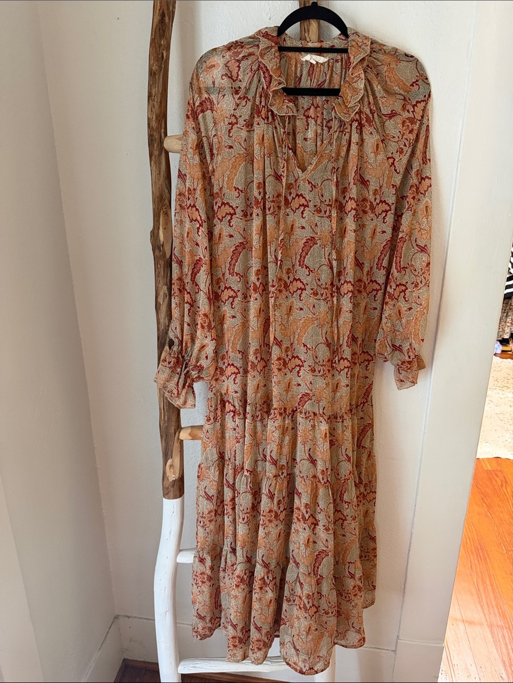 MELLODAY Fall Boho Sheer Tiered Maxi Long Sleeve Dress Beige Rust Floral L XL